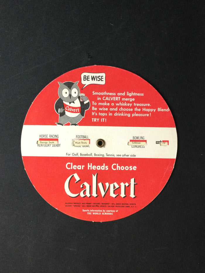 Calvert Advertising Wheel from 1944, 34 years of champions Boxing- Baseball- Golf - Tennis