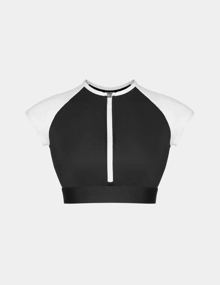 | Cap-Sleeve Bikini Top shown front-facing against a light gray background | 
Black/White