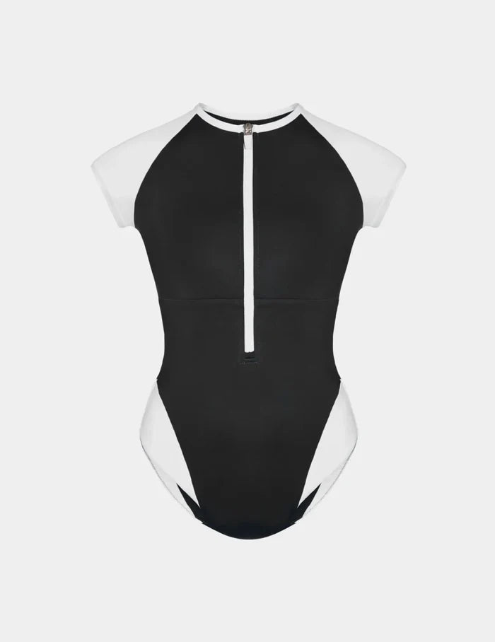 | Cap-Sleeve One Piece Swimsuit shown front-facing against a light gray background | Black/White