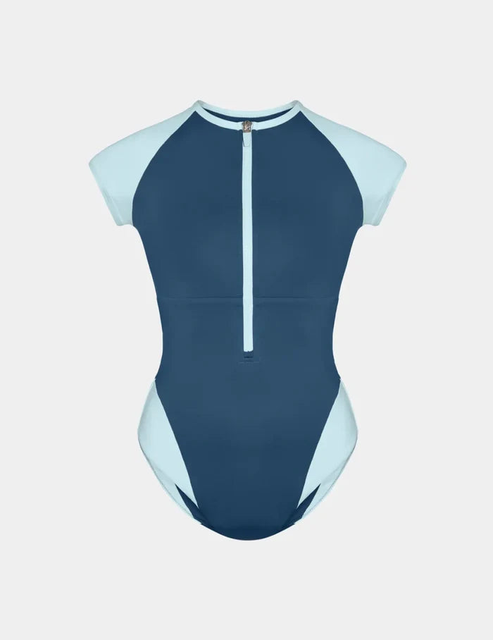 | Cap-Sleeve One Piece Swimsuit shown front-facing against a light gray background | Horizon/Blue Ice