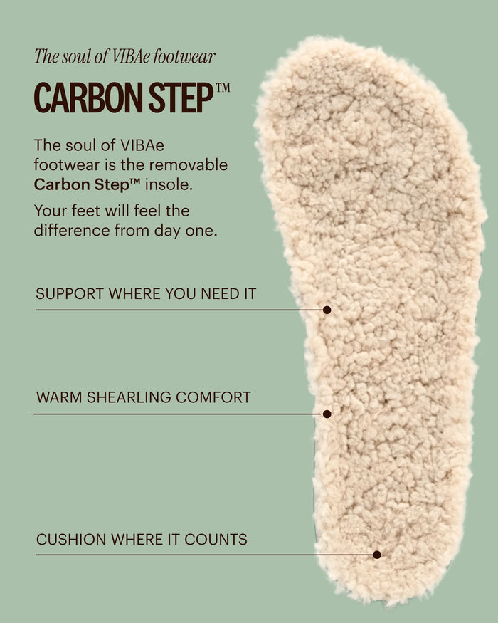Cream-colored shearling insole with textured fleece surface showing supportive arch, cushioned heel, and padded forefoot area