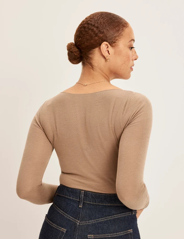 | Back view of model wearing the Cashmere Mist Boatneck Top highlighting the neckline and fit | Cashew
