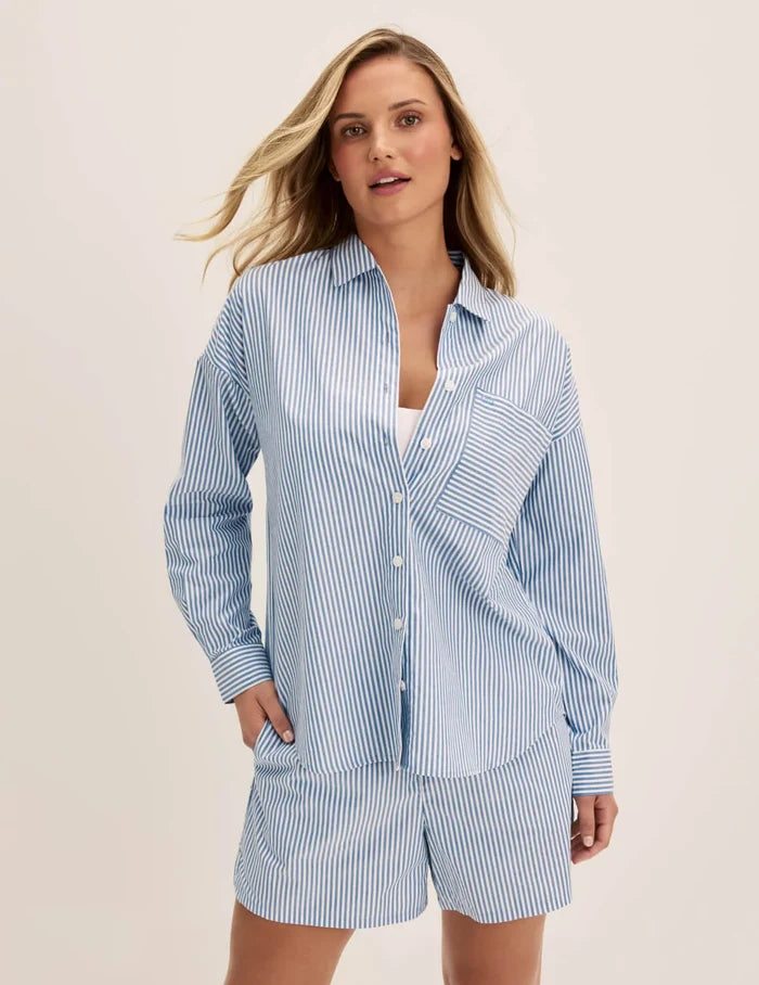 | Front view of model wearing the Classic Cotton PJ Set highlighting the coverage and fit | Blue Stripe