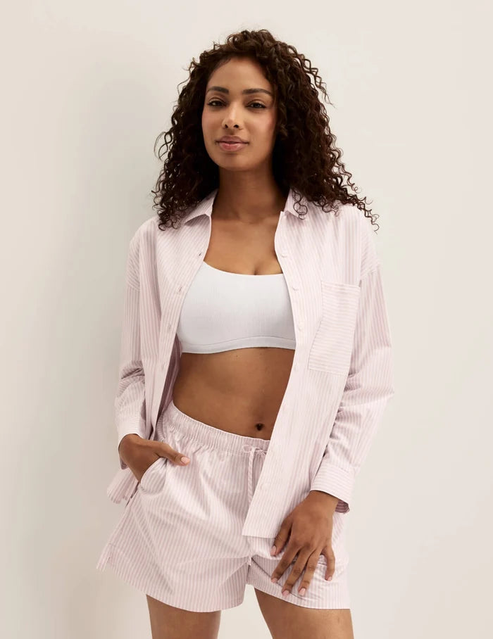 | Front view of model wearing the Classic Cotton PJ Set highlighting the coverage and fit | Hush Stripe