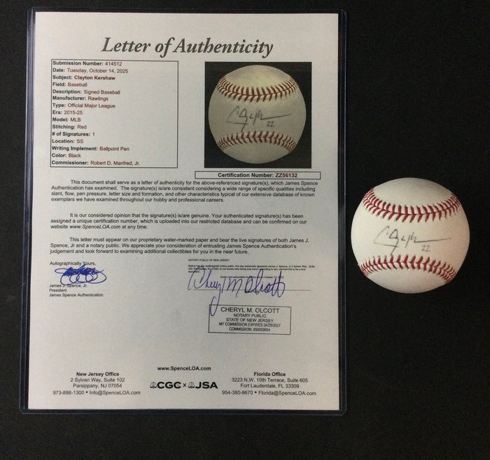 Clayton Kershaw SIGNED "22" Baseball L.A. Dodgers Future HOF JSA LOA