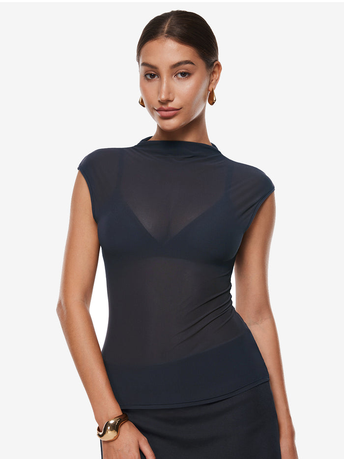 INLYRIC Cosnufy® Sheer Mesh Mock Neck Tank Top Twilight Blue