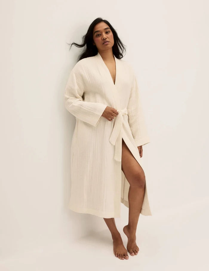 | Front view of model wearing the Cotton Breeze Robe highlighting the coverage and fit | Ivory