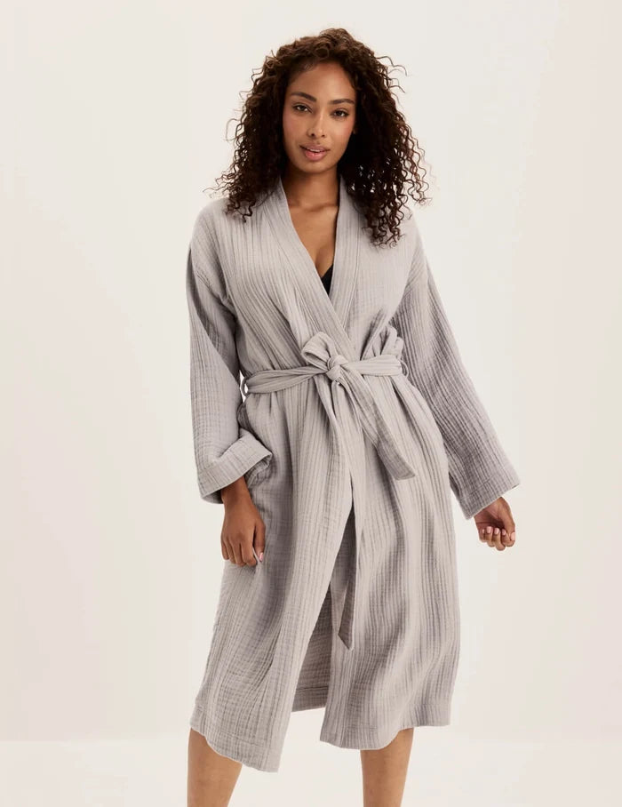 | Front view of model wearing the Cotton Breeze Robe highlighting the coverage and fit | Dove Grey