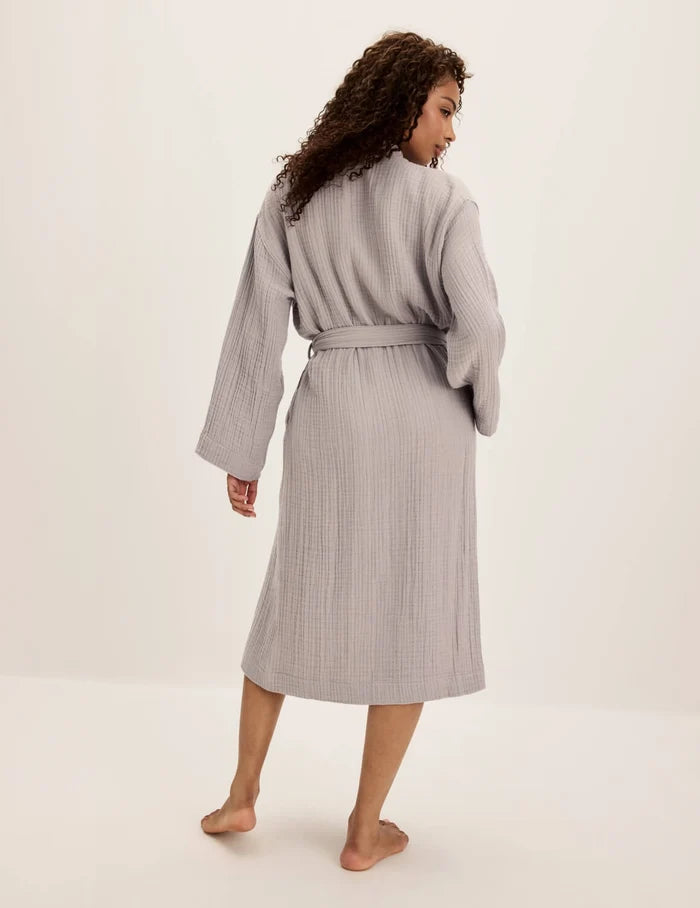 | Back view of model wearing the Cotton Breeze Robe highlighting the coverage and fit | Dove Grey