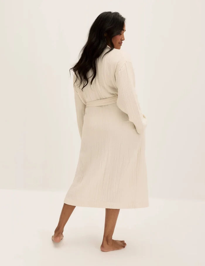 | Back view of model wearing the Cotton Breeze Robe highlighting the coverage and fit | Ivory