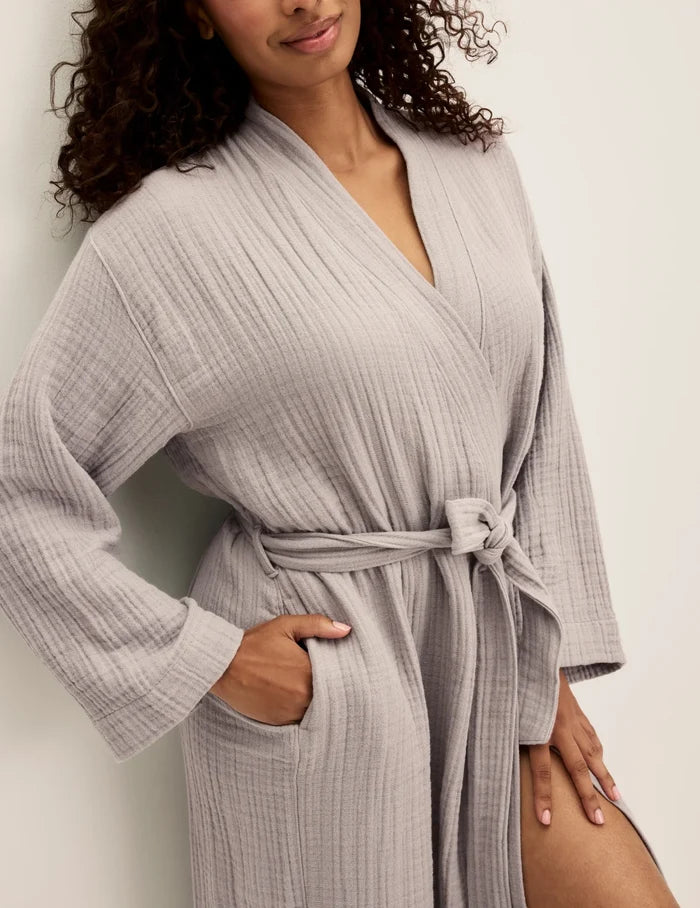 | Front view of model wearing the Cotton Breeze Robe highlighting the coverage and fit | Dove Grey