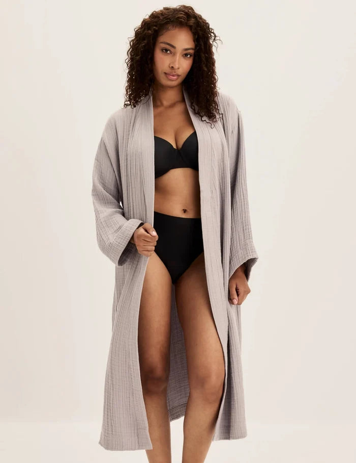 | Front view of model wearing the Cotton Breeze Robe highlighting the coverage and fit | Dove Grey