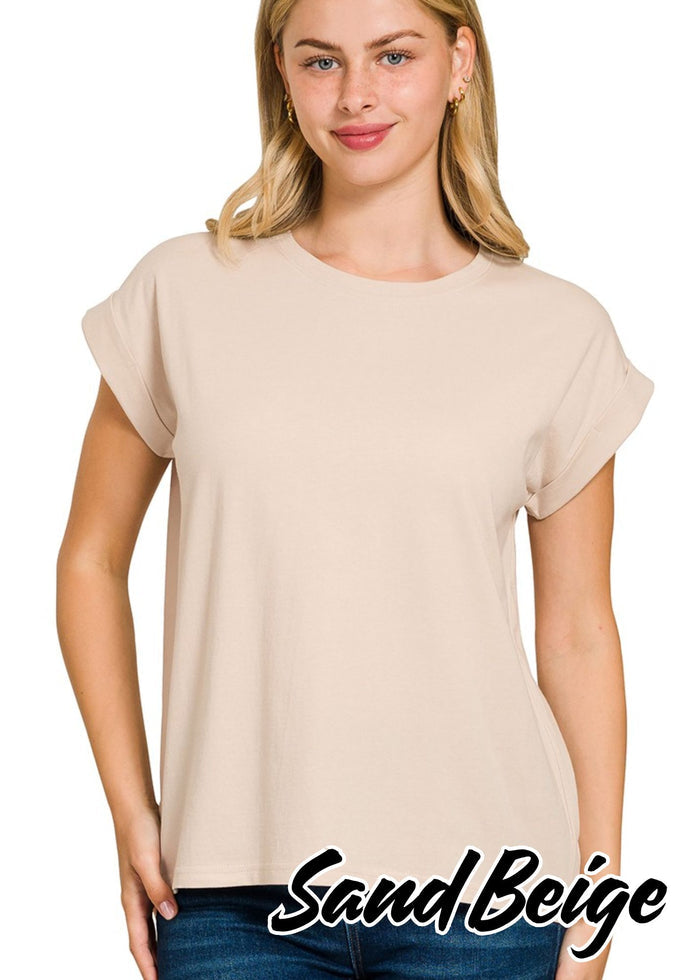 cotton cuffed short sleeved T in sand beige