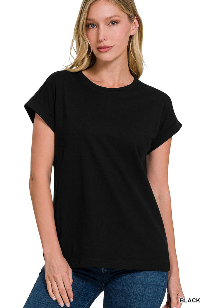 black short cuffed sleeved cotton T- shirt