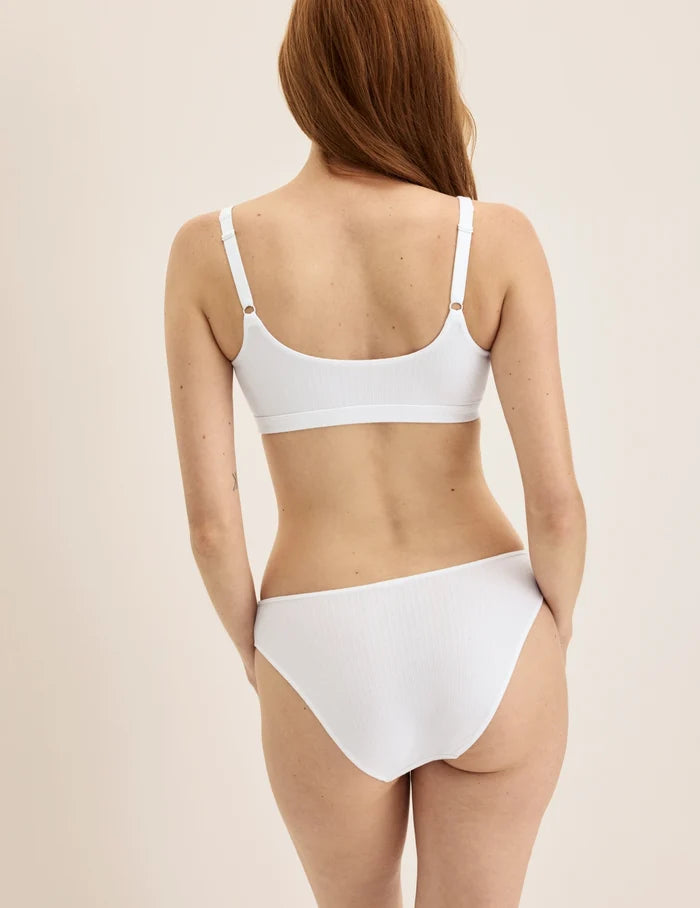 | Front view of model highlighting the coverage and fit | White