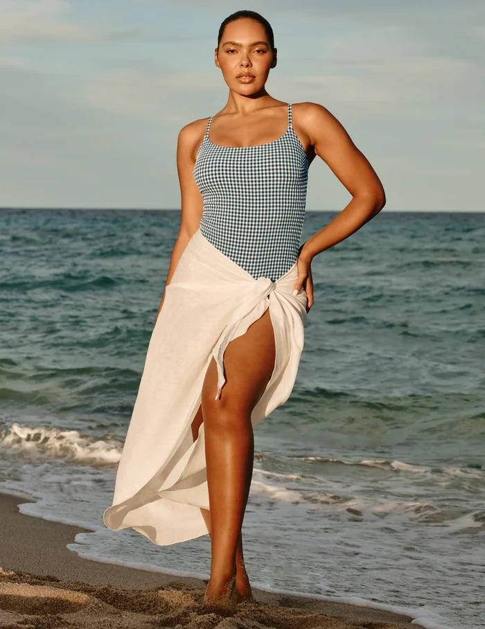 | Front view of model wearing the Crinkle Linen Sarong highlighting the coverage and fit | Ivory