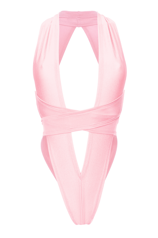 CRISS CROSS Bondage High-Cut Bodysuit / Festival Bodysuit / BABY PINK - EXES LINGERIE