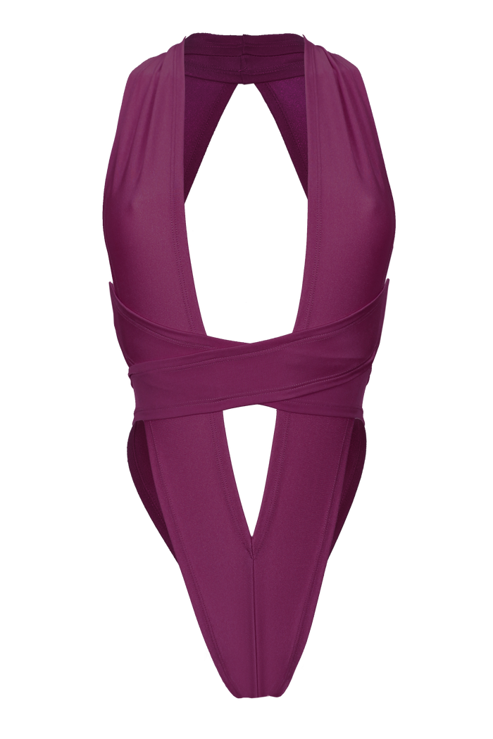 CRISS CROSS Bondage High-Cut Bodysuit / Festival Bodysuit / WINE,BODYSUITS - EXES LINGERIE