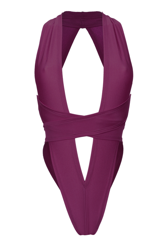 CRISS CROSS Bondage High-Cut Bodysuit / Festival Bodysuit / WINE,BODYSUITS - EXES LINGERIE