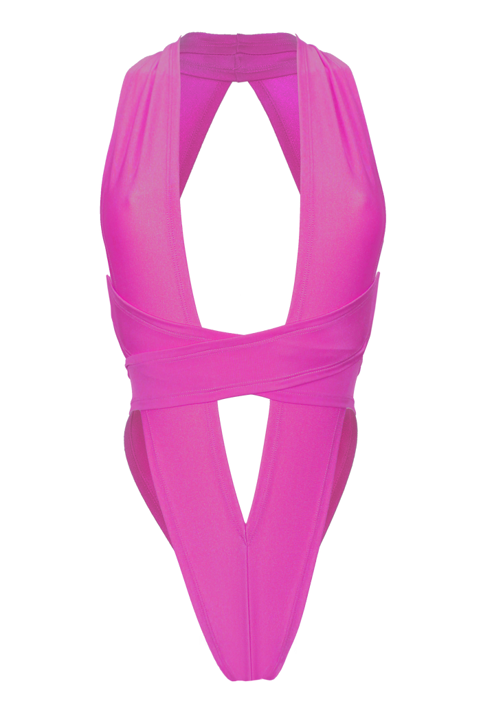 CRISS CROSS Bondage High-Cut Bodysuit / Festival Bodysuit / NEON PINK,BODYSUITS - EXES LINGERIE