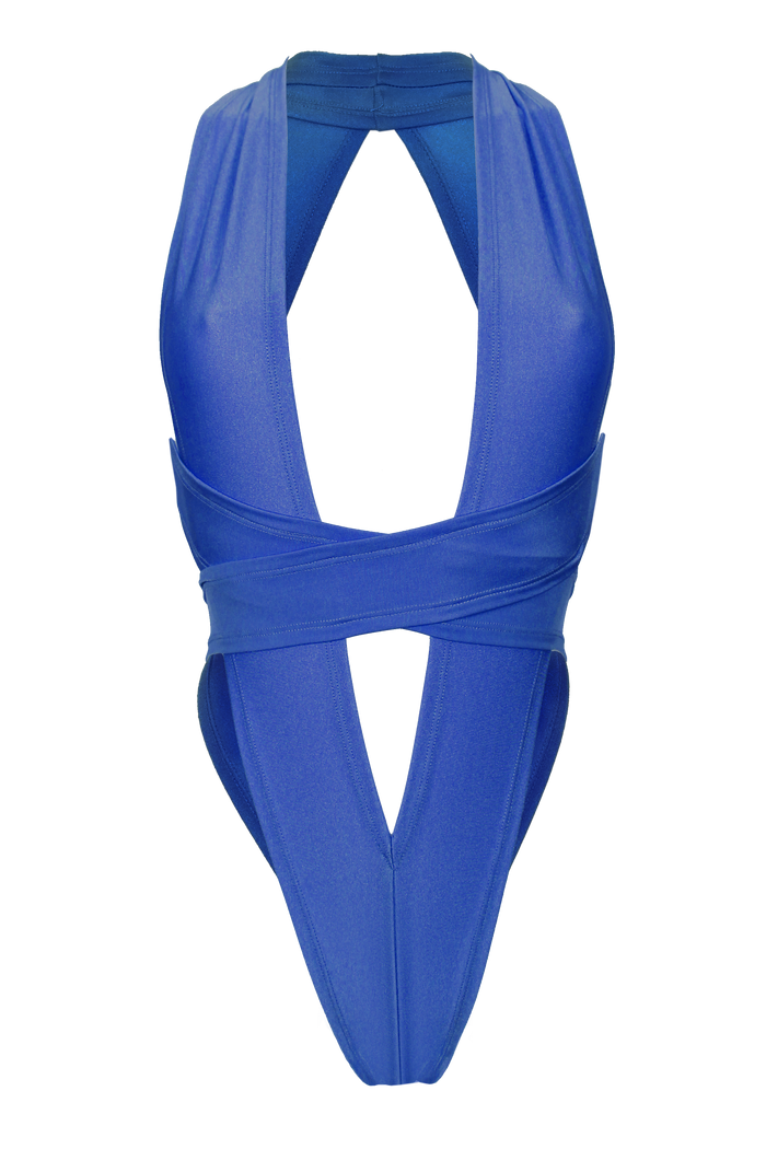 CRISS CROSS Bondage High-Cut Bodysuit / Festival Bodysuit /ROYAL BLUE,BODYSUITS - EXES LINGERIE