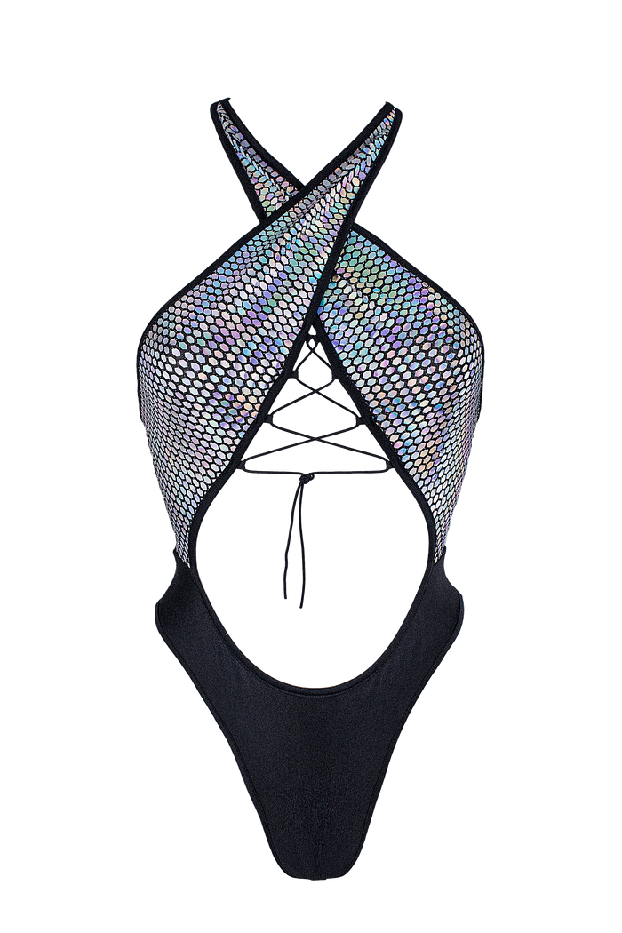 Criss-Cross Halter  Holographic One Piece / ANASTASIA PRISMA BODYSUIT - EXES LINGERIE