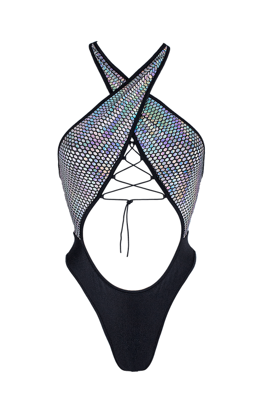 Criss-Cross Halter  Holographic One Piece / ANASTASIA PRISMA BODYSUIT - EXES LINGERIE