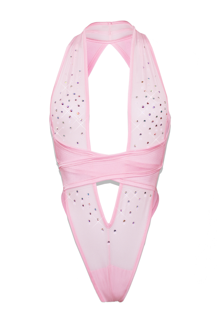 CRISS CROSS Mesh Crystals Bodysuit / Sexy lingerie / BABY PINK,BODYSUITS - EXES LINGERIE