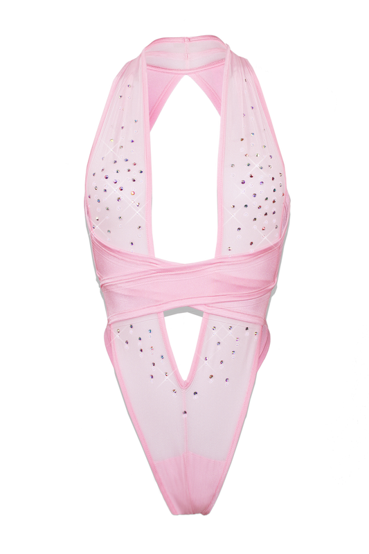 CRISS CROSS Mesh Crystals Bodysuit / Sexy lingerie / BABY PINK,BODYSUITS - EXES LINGERIE