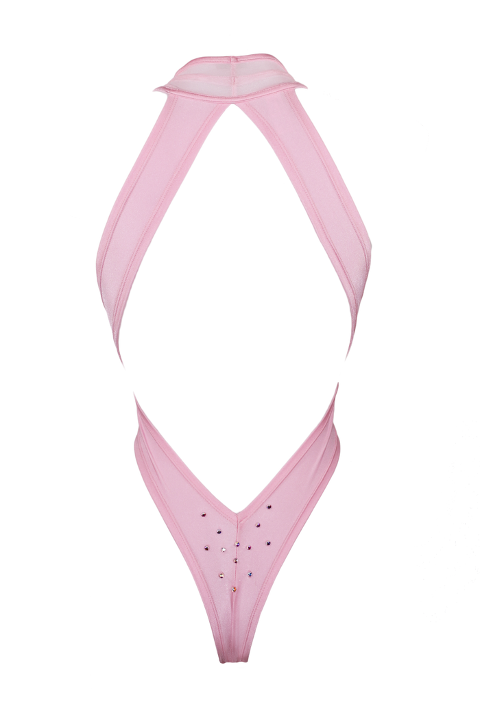 CRISS CROSS Mesh Crystals Bodysuit / Sexy lingerie / BABY PINK,BODYSUITS - EXES LINGERIE