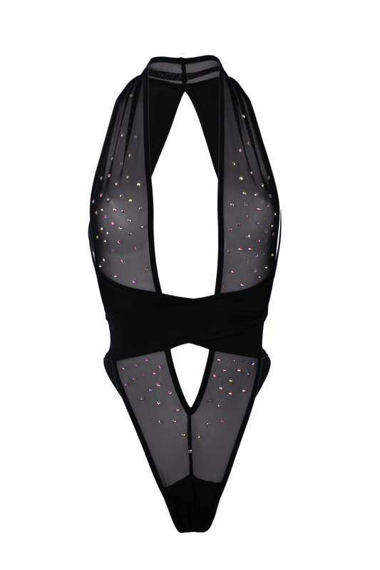 CRISS CROSS Mesh Crystals Bodysuit / Sexy lingerie / BLACK - EXES LINGERIE