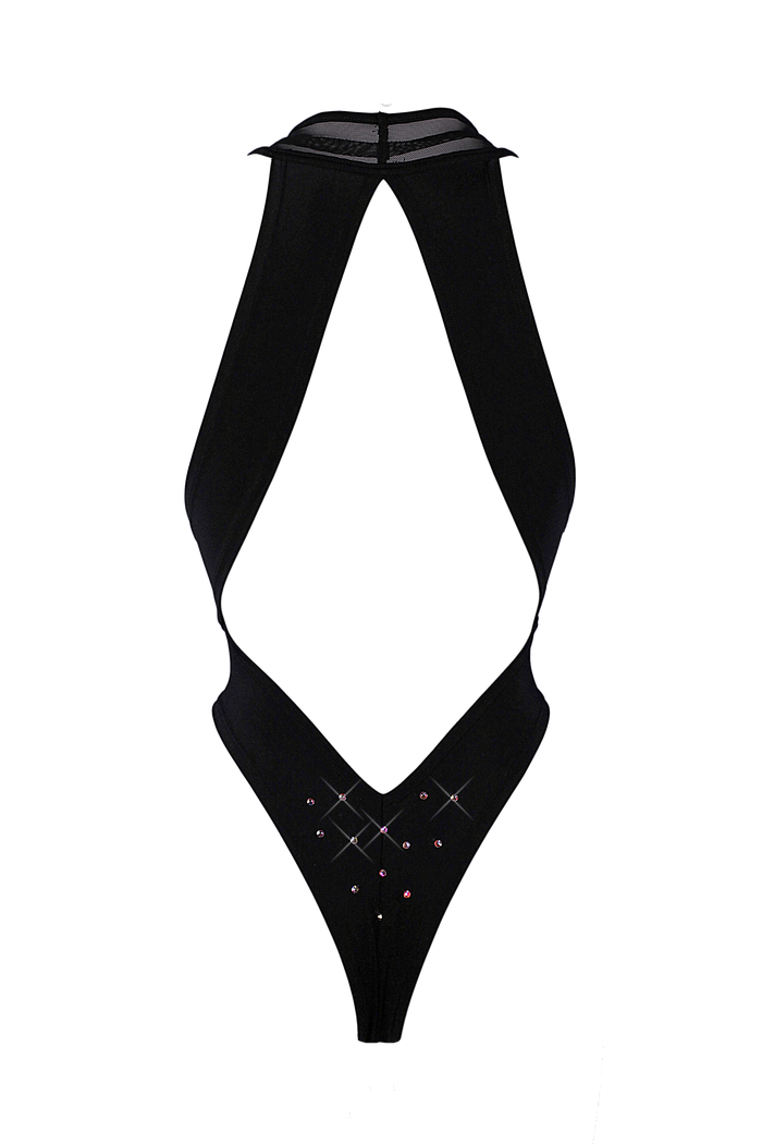CRISS CROSS Mesh Crystals Bodysuit / Sexy lingerie / BLACK - EXES LINGERIE