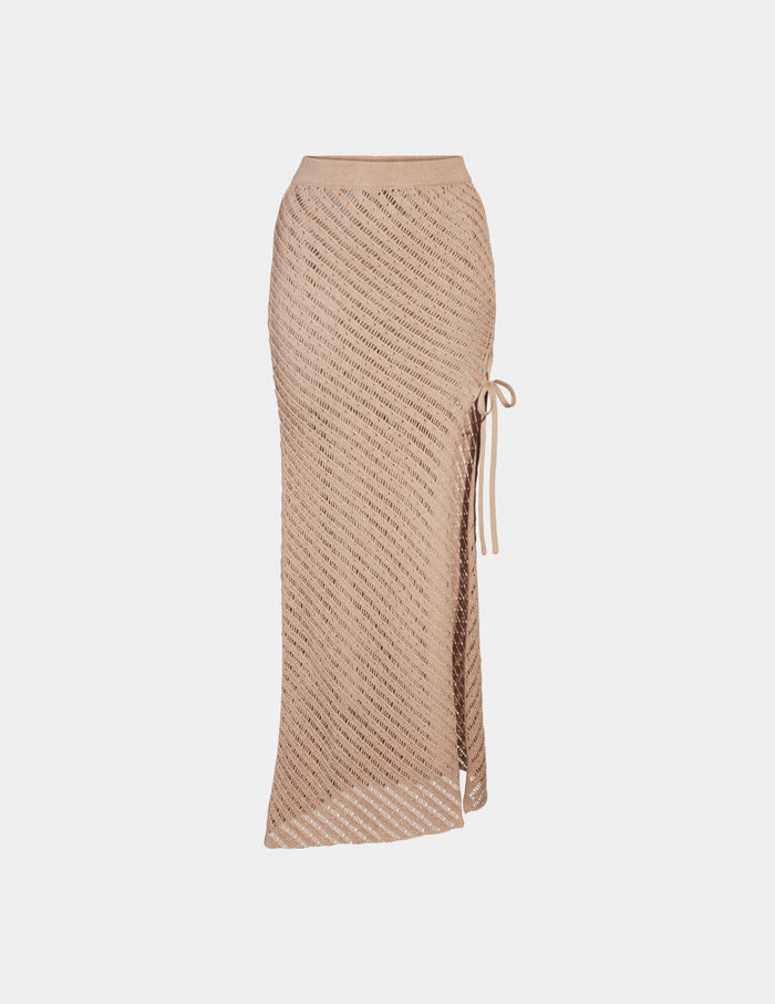 | Crochet-Knit Beach Skirt shown front-facing against a light gray background | Taupe