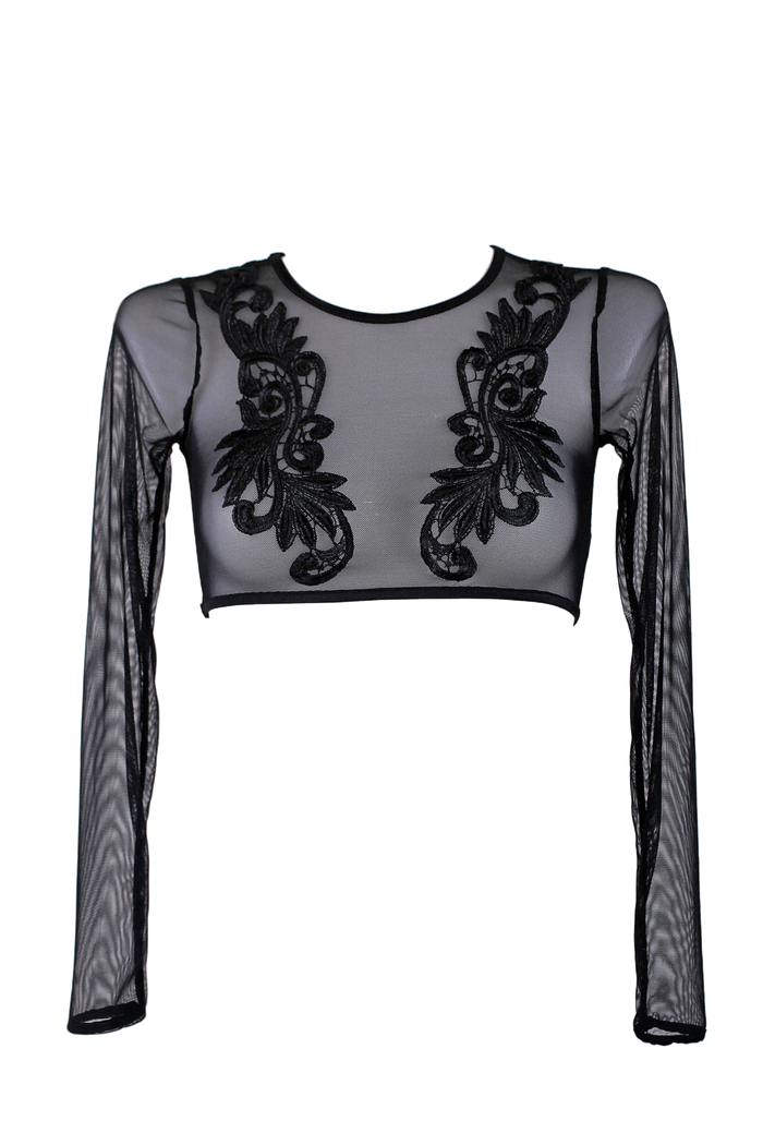 Crop T-Shirt Long Sleeve Stretch Mesh with Embroidered Applique / BLACK - EXES LINGERIE