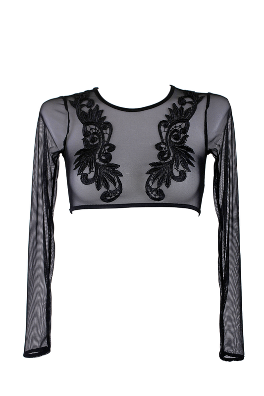 Crop T-Shirt Long Sleeve Stretch Mesh with Embroidered Applique / BLACK - EXES LINGERIE