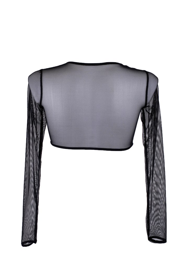 Crop T-Shirt Long Sleeve Stretch Mesh with Embroidered Applique / BLACK - EXES LINGERIE