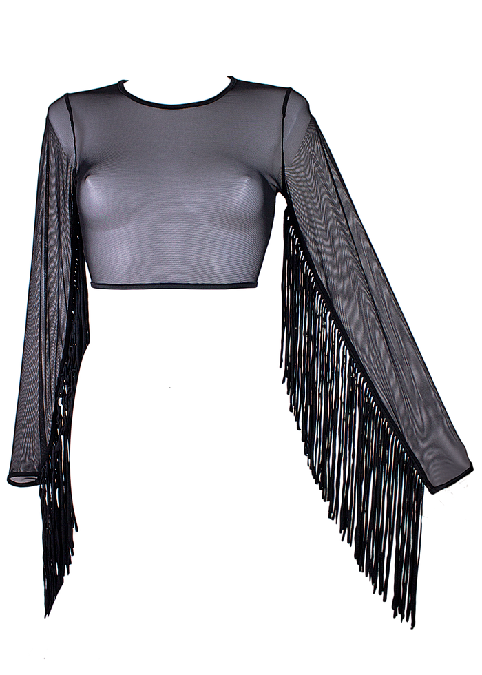 Crop Top Fringe Long Sleeve Mesh T-Shirt / Black Rave top - EXES LINGERIE