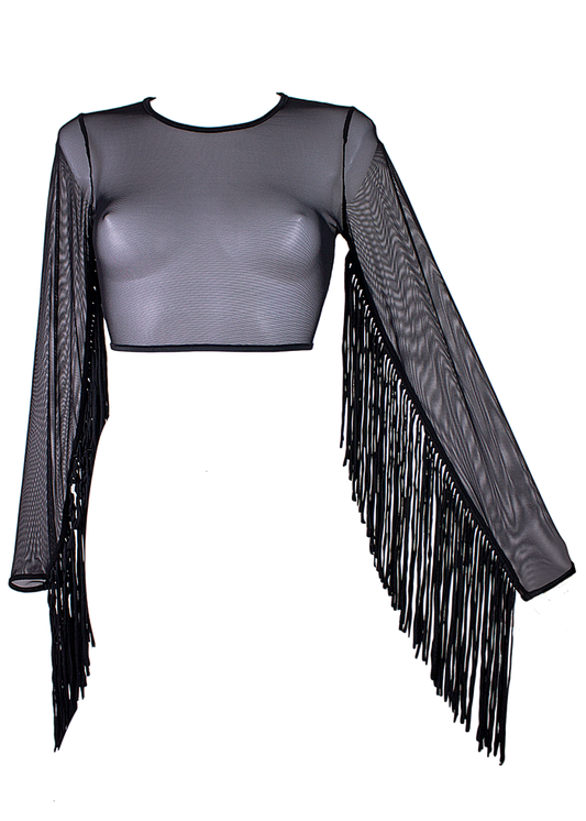 Crop Top Fringe Long Sleeve Mesh T-Shirt / Black Rave top - EXES LINGERIE