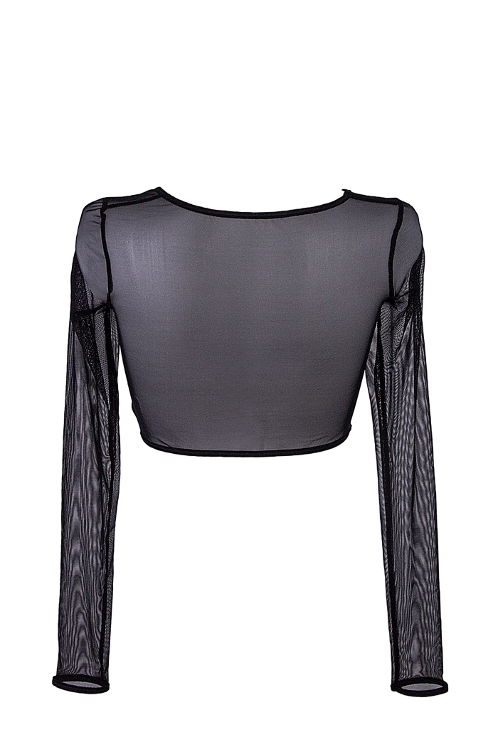 Crop Top Slit front Long sleeve Mesh T-Shirt / BLACK MESH NAUTICA - EXES LINGERIE