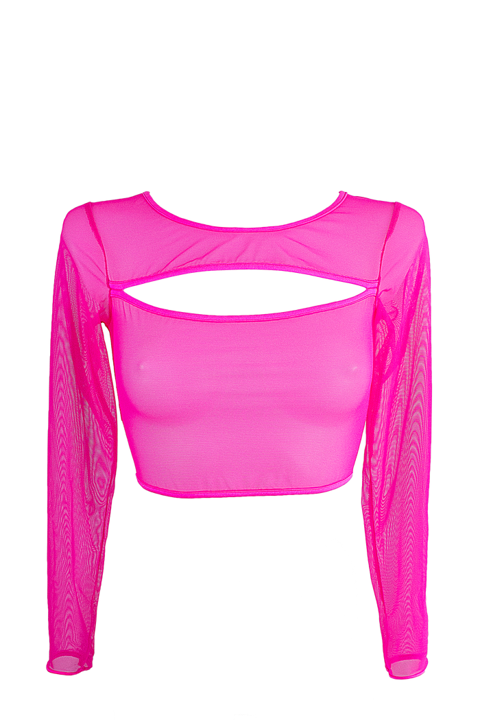 Crop Top Slit front Long sleeve Mesh T-Shirt / NEON PINK NAUTICA - EXES LINGERIE