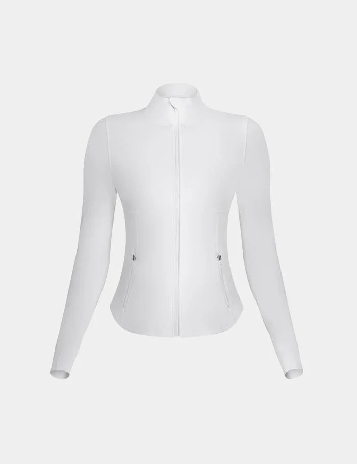 | Front view of model highlighting the coverage and fit | White