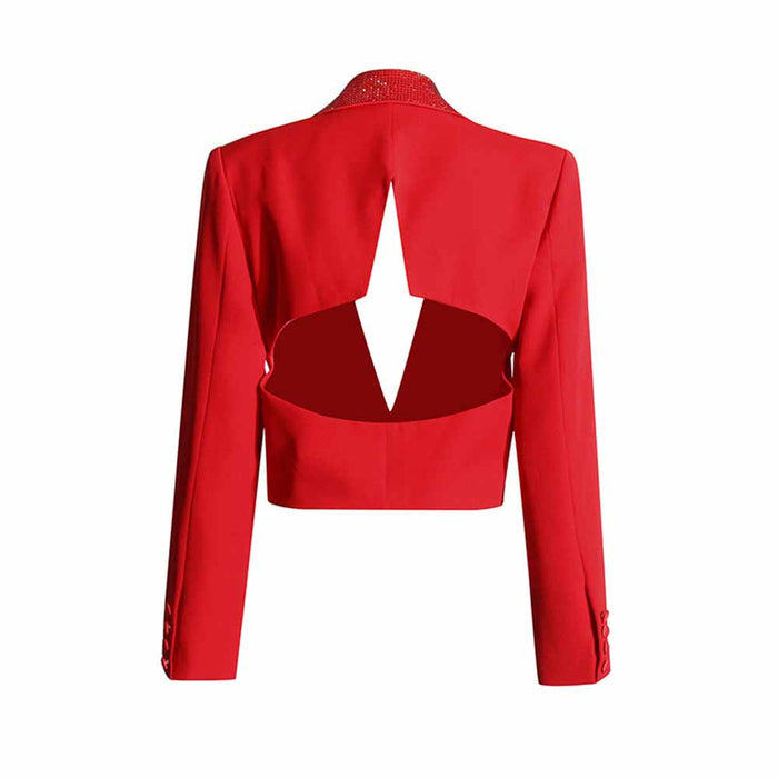 Crystal Embellished Crop Blazer One Button Diamond Short Top Jacket