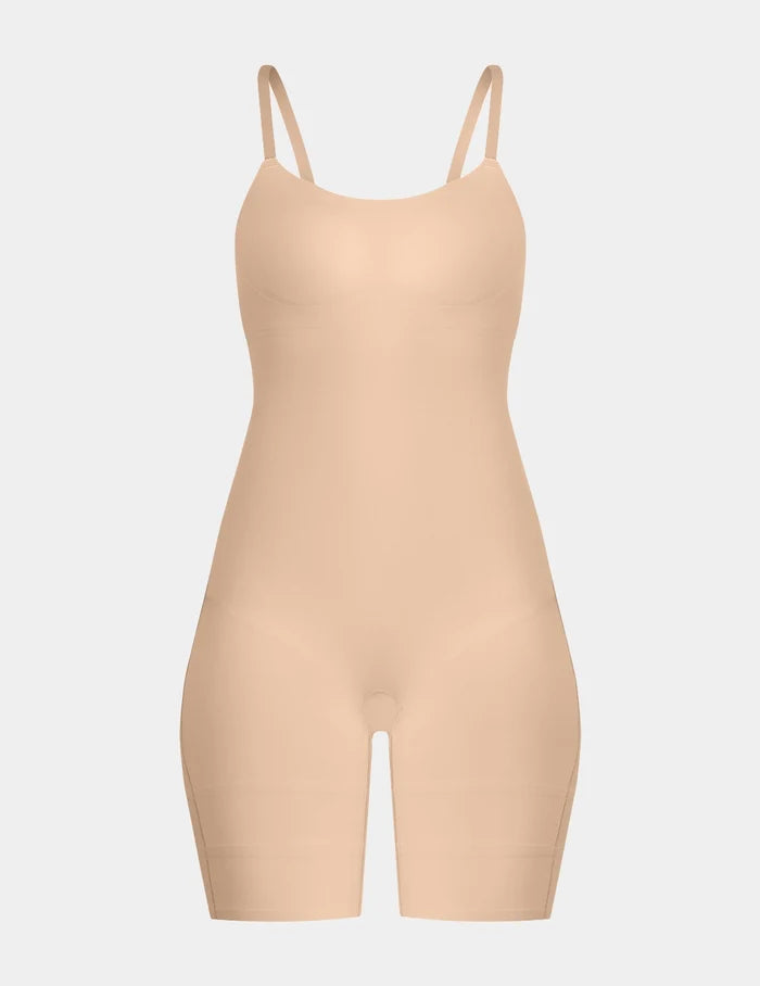| Customizable Shaper Mid-Thigh Bodysuit shown front-facing against a light gray background | Warm Sand