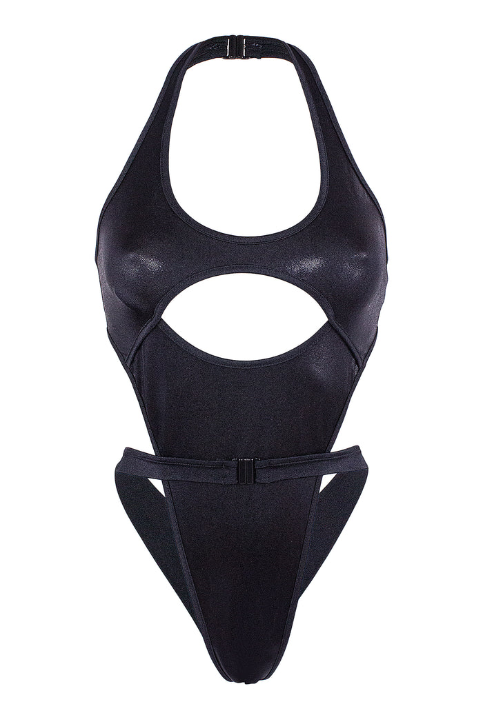 Cut-out front Wrap tie holographic bodysuit/ NINA BLACK HOLO,BODYSUITS - EXES LINGERIE