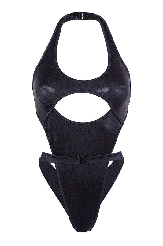 Cut-out front Wrap tie holographic bodysuit/ NINA BLACK HOLO,BODYSUITS - EXES LINGERIE