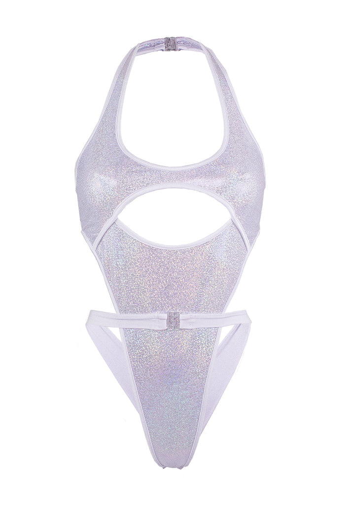 Cut-out front Wrap tie holographic bodysuit/ NINA WHITE HOLO,BODYSUITS - EXES LINGERIE