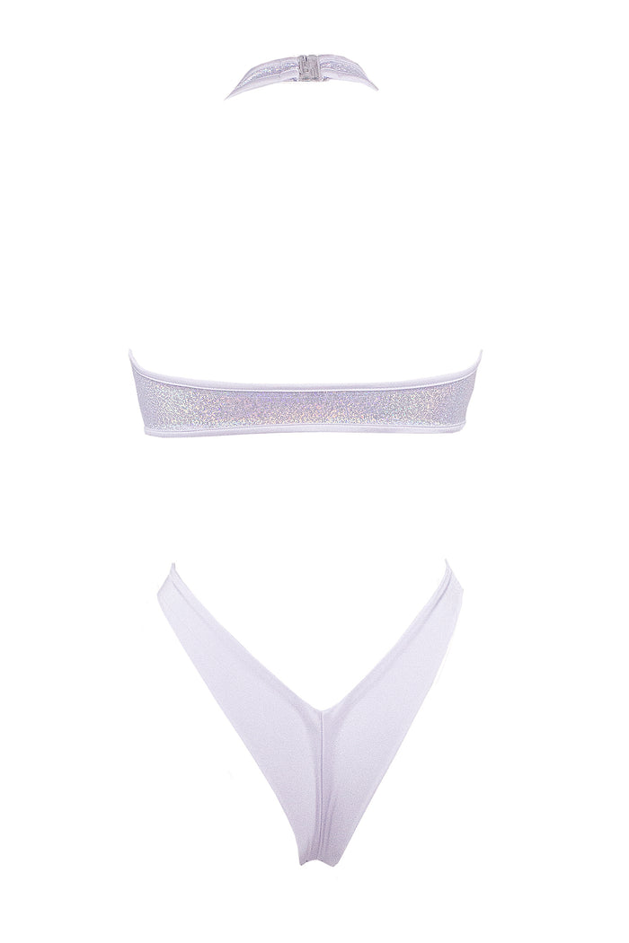 Cut-out front Wrap tie holographic bodysuit/ NINA WHITE HOLO,BODYSUITS - EXES LINGERIE