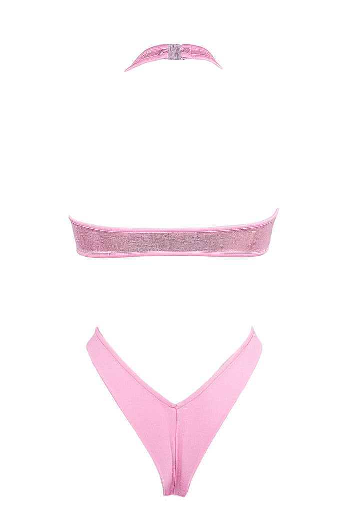 Cut-out front Wrap tie holographic bodysuits / NINA BABY PINK HOLO,BODYSUITS - EXES LINGERIE