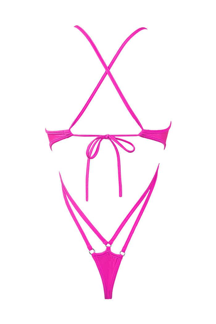 Cut-out Harness Bodysuit / Strappy Rave Swimsuit / FEVER NEON PINK - EXES LINGERIE