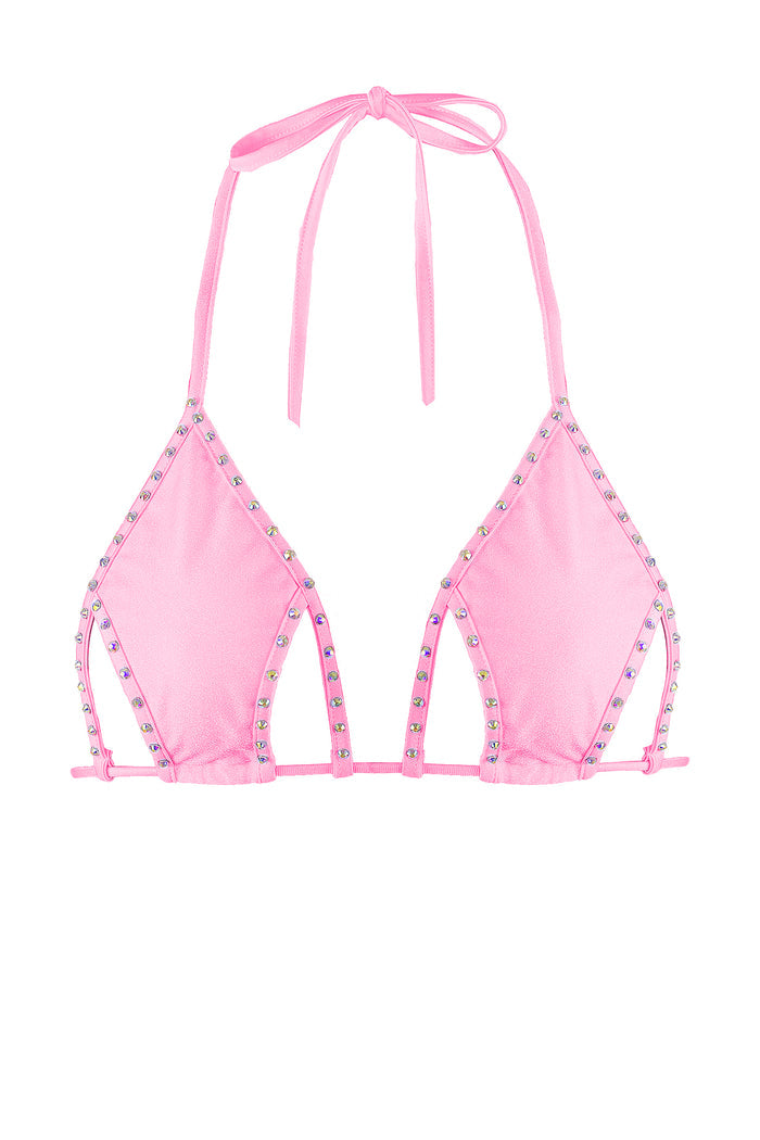 Cut-out Triangle Bikini Top with Rhinestones / Cut-Out Crystals BABY PINK,TOPS - EXES LINGERIE